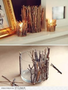 several different pictures of candles and branches in glass vases