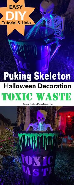 an outdoor halloween decoration that looks like a bucket with skeleton decorations on it and glows in the dark