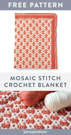 the mosaic stitch crochet blanket is shown in red and white with text that reads,