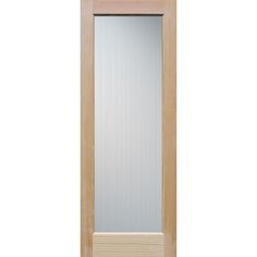 a wooden door with frosted glass on the top and bottom panel, in light wood