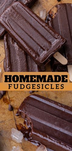 homemade fudgesices on a cutting board with text overlay that reads homemade fudgesices