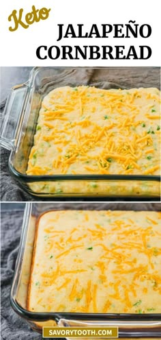 two images showing how to make jalapeno cornbread in a glass casserole dish