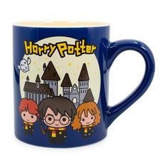 a harry potter coffee mug with hogwarts and hermiels on the front