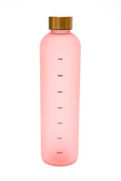 a pink plastic water bottle with a wooden lid on a white background that has words written in it