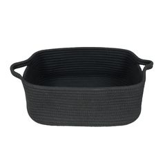 a black rope basket with handles on the bottom and sides, sitting in front of a white background