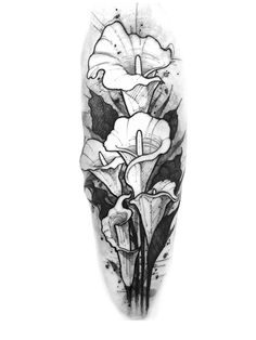 a black and white tattoo with flowers on it