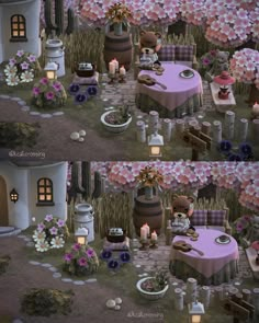 two pictures of a table with flowers and candles in front of it, one has a teddy bear sitting on the table