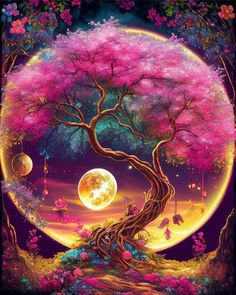 a painting of a tree with pink flowers on it and the moon in the background