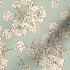 a floral wallpaper with white flowers and green leaves on a light blue background,