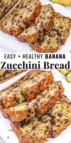 easy and healthy banana zucchini bread recipe on a white plate with bananas in the background