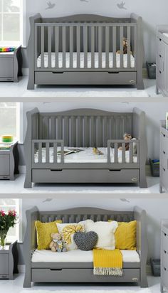 three different views of a baby's crib and changing table