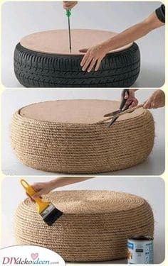 three pictures showing how to make a round ottoman out of an old tire and rope