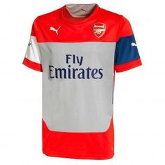 a red and white soccer jersey with the word fly emirates on it