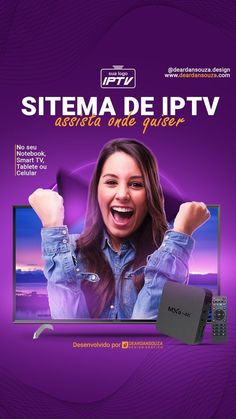 a woman is smiling and holding her hands up in front of the tv screen with text that reads, sistema de ip