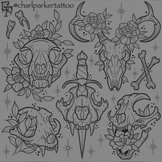 some skulls and flowers on a gray background