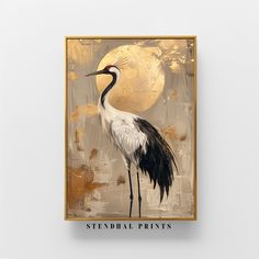 a painting of a crane in front of a full moon with the words stendral prints on it