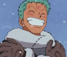 an anime character with green hair and white teeth