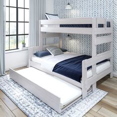 Rustic Twin over Full Bunk Bed + Trundle Bunk Beds Plank+Beam White Wash Queen Bunk Bed Ideas, Rustic Wood Bed, Queen Bunk Bed, Adult Bunk Beds, Queen Bunk Beds, Airbnb Ideas, Solid Wood Bed Frame, Twin Over Full Bunk Bed, Virginia House