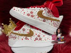 These beautiful sneakers can be customized for your Quinceañera, Sweet 16, weddings, or any event that you can think of! ⭕️IF YOU HAVE PICTURES FOR REFERNECE PLEASE SEND THEM OVER⭕️ 🖤 The shoes will have personalized name, date, a Crown, as well as a "Mis Quince Años", "Sweet 16", or if you'd like something else please send a message.  🖤The shoes are blinged out with Rhinestones on the swoosh, as well as scattered throughout the sides and top of the shoe.  🖤Pearls will also be scattered aroun Quinceañera Shoes, Sweet 16 Shoes, Quince Shoes, Quinceanera Shoes, Birthday Shoes, Mexican Quinceanera, Nikes Shoes, Mexican Quinceanera Dresses, Fifteenth Birthday