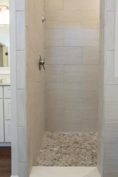 a walk in shower sitting inside of a bathroom