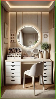 a room with a vanity, mirror and chair in it that is lit up by lights