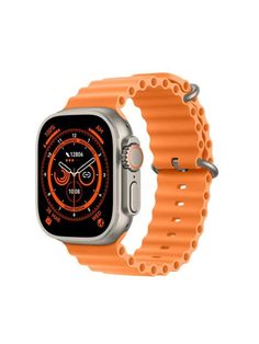 an orange apple watch band with silver hardware