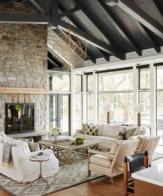 a living room filled with furniture and a fire place