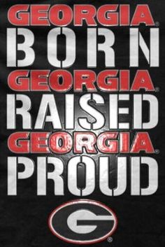 the georgia football team's official logo is shown in red and white on a black background