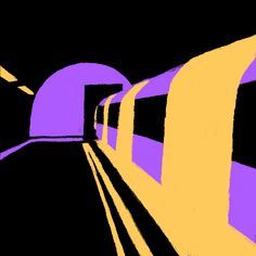 an image of a train going down the tracks in purple and yellow colors on a black background