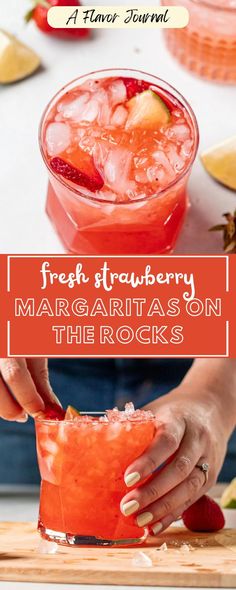 fresh strawberry margaritas on the rocks with text overlay