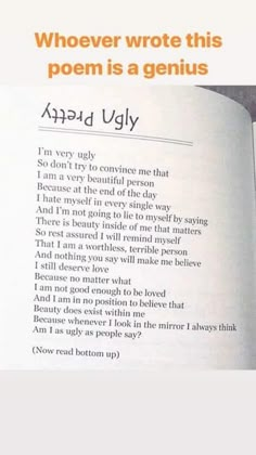 an open book with the words, whoever wrote this poem is a genius and ugly