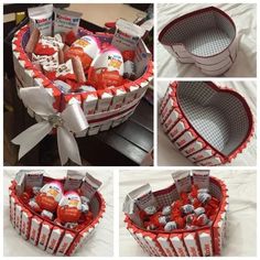 four pictures show the inside of a heart - shaped basket with various items in it