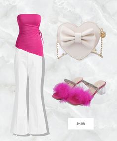 a pink top and white pants are featured in this fashion ad for the brand shein