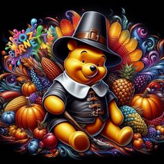 a teddy bear wearing a pilgrim hat and holding a stick in front of fall decorations