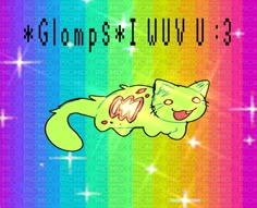 a cartoon cat laying on top of a rainbow colored background with the words glamps and