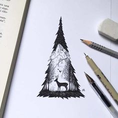 an ink drawing of a deer in the woods