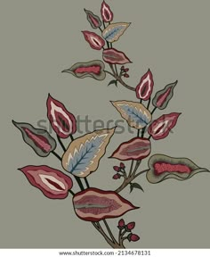 an artistic floral design with leaves and flowers on a gray background