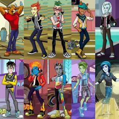 several cartoon characters in different outfits and colors, all with their own hair color scheme