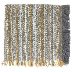 a gray and yellow striped rug with fringes on the bottom, in front of a white background