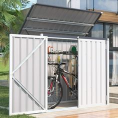 a bike is parked in a storage shed