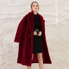 Luxe Autumn winter wine red thick pure wool coat lapel velvet coat- Teddy Elegant Winter Fur Coat, Elegant Solid Color Fur Coat For Winter, Classic Burgundy Winter Outerwear, Elegant Red Winter Outerwear, Burgundy Long Coat For Winter, Formal Long Sleeve Fur Coat For Winter, Burgundy Winter Formal Outerwear, Formal Long Fur Coat For Winter, Burgundy Single-breasted Winter Outerwear