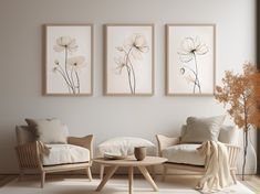 a living room with three pictures on the wall and two chairs in front of them