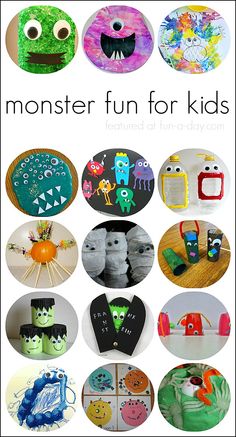 a collage of monster crafts for kids with the words monster fun for kids on it