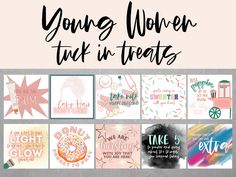 the young women talk in treats poster is shown with different images and words on it