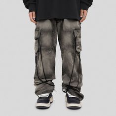 UNDERWATER Spliced Adjustable String Wash Cargo Pants Evil Design, Rapper Aesthetic, Corporate Goth, Custom Leather Jackets, Denim Men, Grunge Clothing, Forward Thinking, Leather Denim, The Hundreds