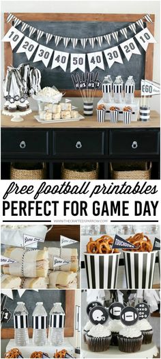 a party with black and white striped paper streamers, cupcakes, popcorn bags, and more