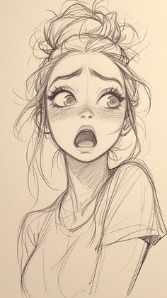 a drawing of a woman with her mouth open and eyes wide open, looking surprised