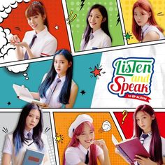 the poster for listen and speak with two girls in school uniforms, one holding a book