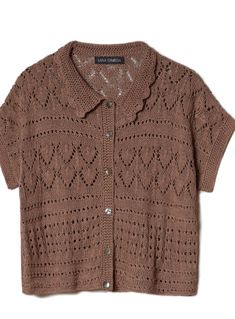 a brown cardigan sweater with an openwork design