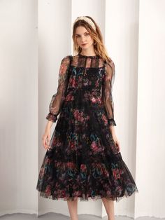 Black Black Floral Print Dress For Wedding, Formal Lace Midi Dress With Floral Print, Formal Lace Floral Print Midi Dress, Elegant Black Midi Dress For Garden Party, Elegant Tea Length Floral Midi Dress, Party Floral Print Tea Length Midi Dress, Elegant Floral Print Tulle Dress, Elegant Floral Print Tea Length Dress For Spring, Elegant Tulle Dress With Floral Print